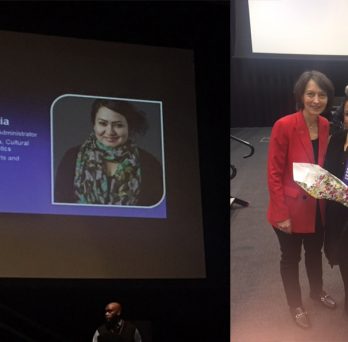 Side-by-side images of a screen showing Ms. García's accomplishments; Ms. García holding flowers and surrounded by Provost Poser and LCSL Interim Director Sara Hall
                  