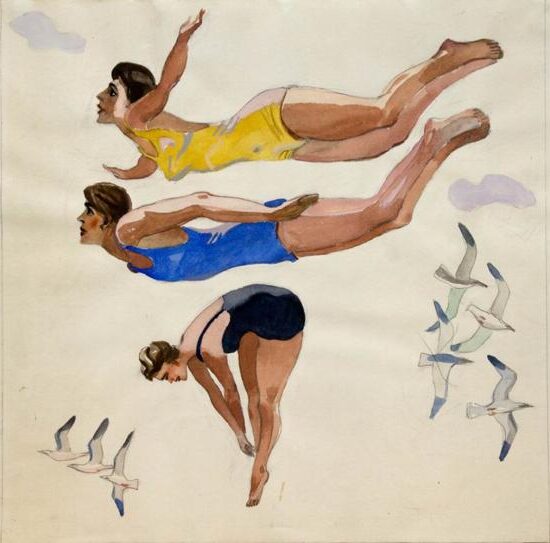 drawing of three divers surrounded by seagulls